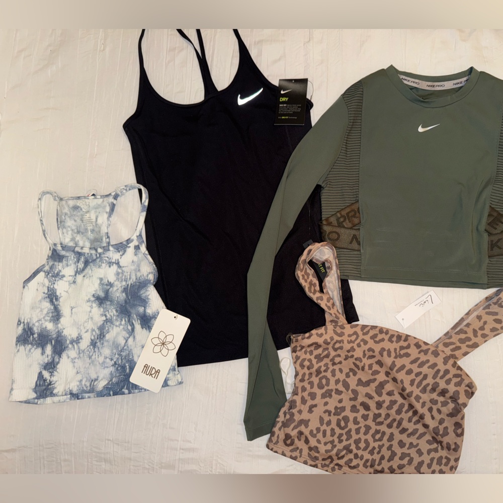Nike Women's Black, Green, and Leopard Print Tank Tops